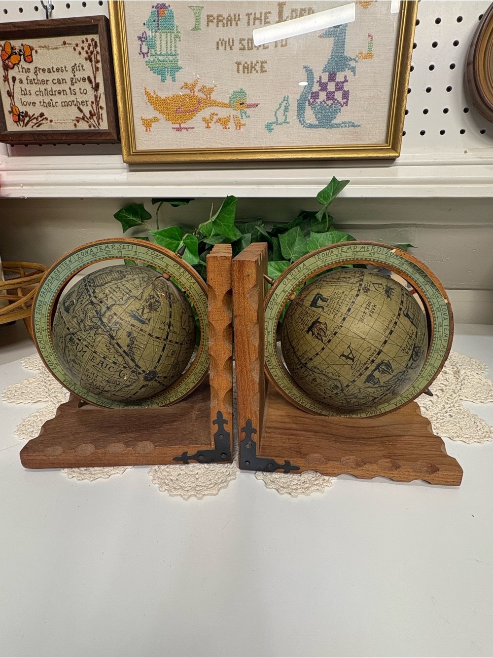 Vintage-Style Globe Bookends in Green and Brown - Decorative Home Accent